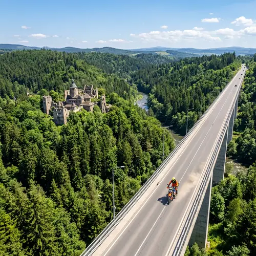 Aerial View of Forest and Castle Ruins with Motorcyclist