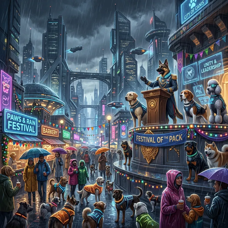 Futuristic City with Dog Leaders | Rainy Festive Streets Futuristic City with Dog Leaders | Rainy Festive Streets
