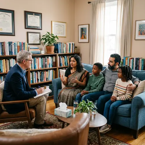 Diverse Family Counseling in Well-Lit Psychologist's Office