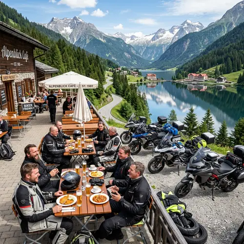 Scenic Mountain Roads in Europe - Motorcycle Riders Enjoying a Break