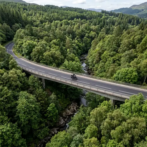 Aerial View of Forest & Motorcyclist on Bridge