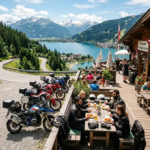 Motorcyclists Enjoying Outdoor Bar in Scenic Europe