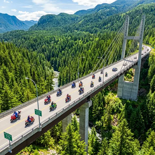 Aerial View: Vibrant Forest & Motorcyclists on Bridge