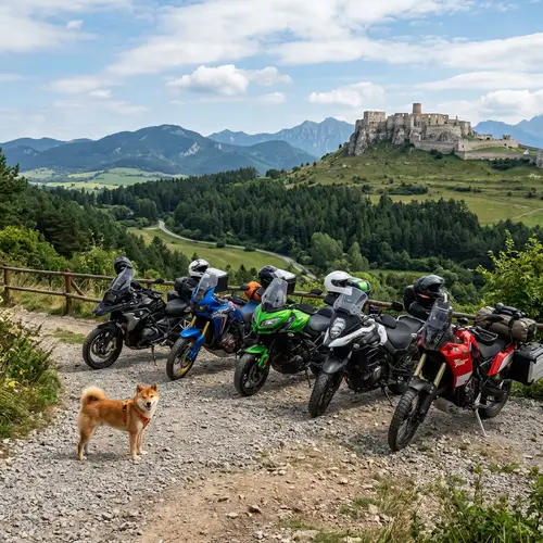 Shiba Inu Dog in Slovakia with Castle and Motorcycles