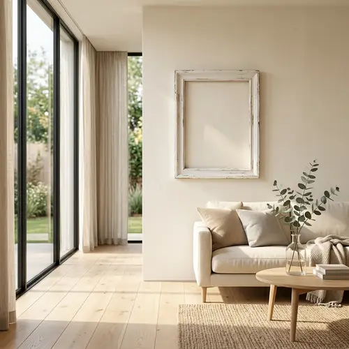 Minimalist Living Room Interior: Empty White Frame and Warm Tones