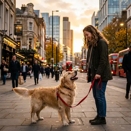 Happy Golden Retriever in Vibrant Cityscape