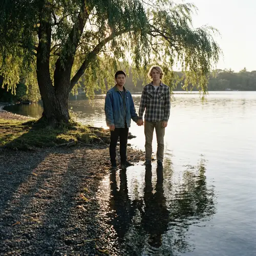 Tranquil Lake Scene with Friends Holding Hands | Realism Art