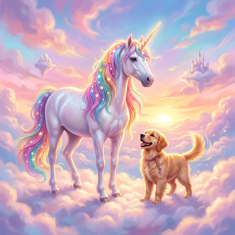Magical Unicorn and Happy Dog on a Cloud