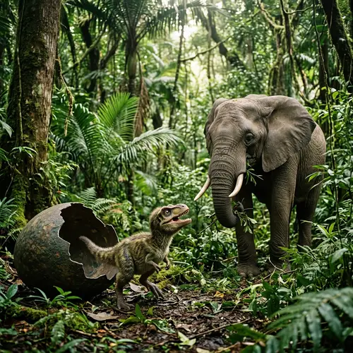 Curious Baby Dinosaur 'Eating' Elephant in Forest