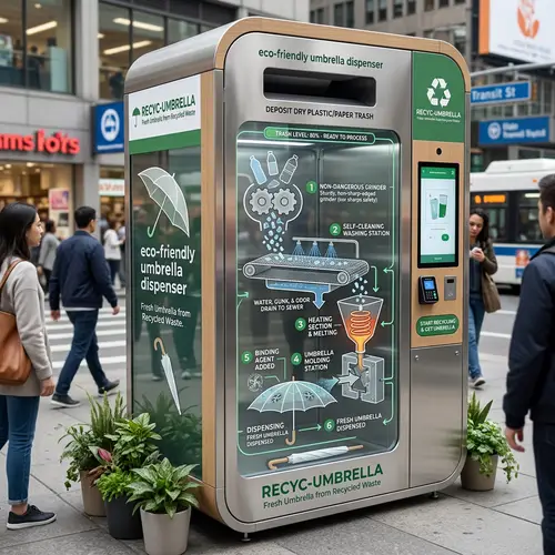 Eco-Friendly Umbrella Dispenser: Self-Cleaning, Trash Grinding & Molded Umbrellas
