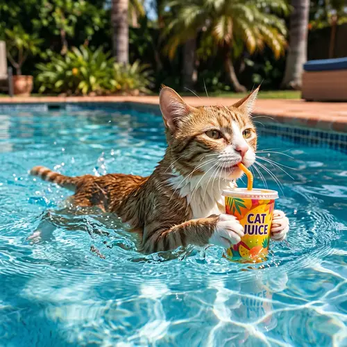 Cat Swimming in Water Drinking Juice
