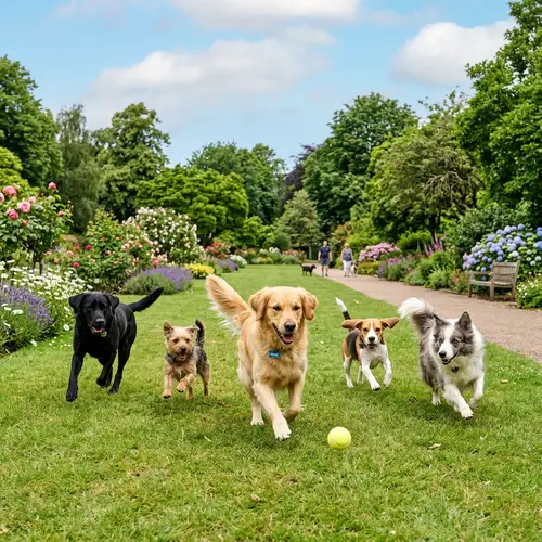 Playful Dog Park Scene with Diverse Breeds | Fun Pet Activity