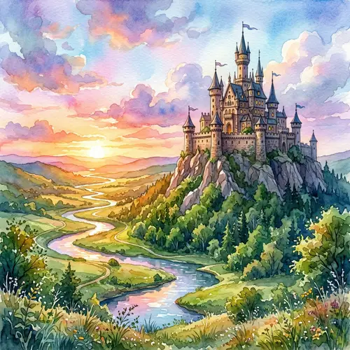 Fantasy Watercolor Castle in Serene Landscape