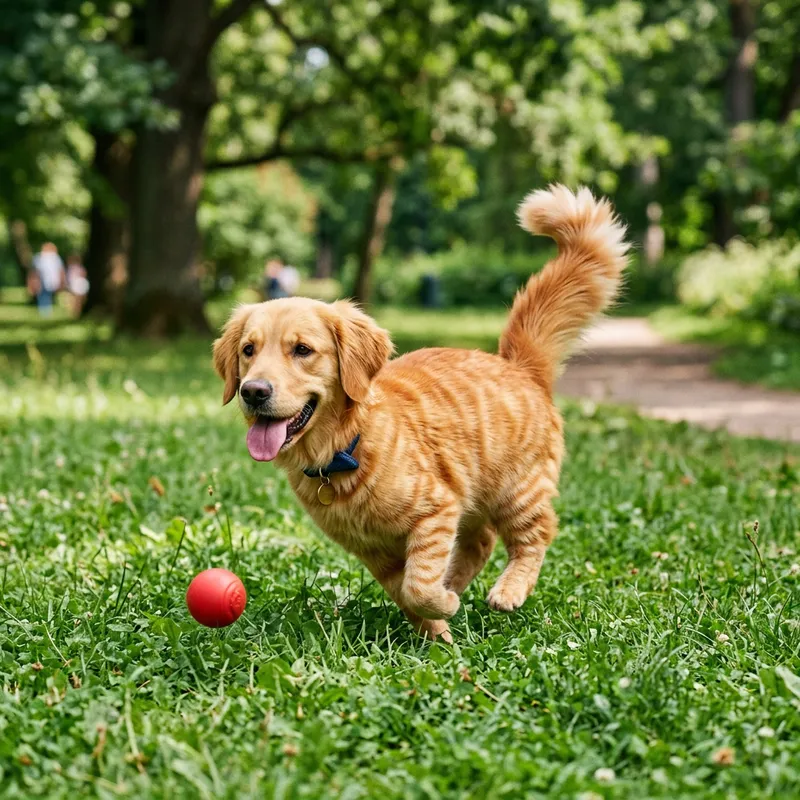 Dog-Cat Hybrid Playing in Park with Red Ball