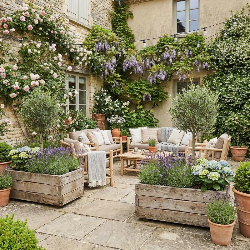 Charming Outdoor Patio with Wooden Planters