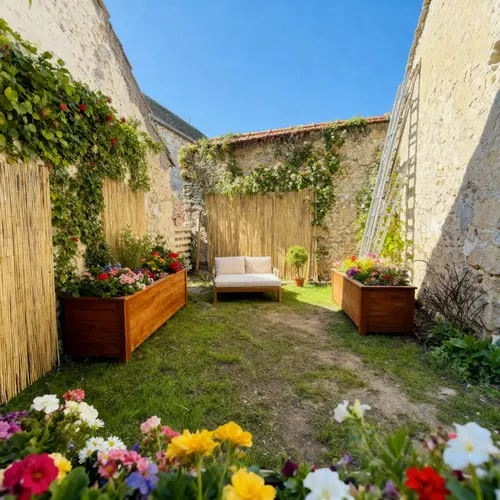 Charming Outdoor Patio with Wooden Planters