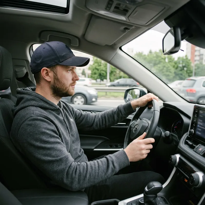 Man in Hoodie and Hat Driving