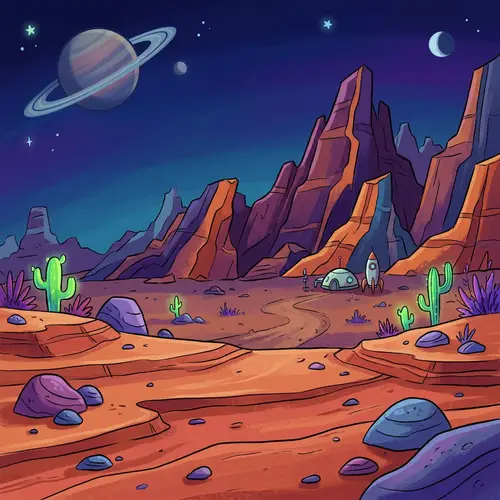 Cartoon Desert Landscape with Mountains and Rocks