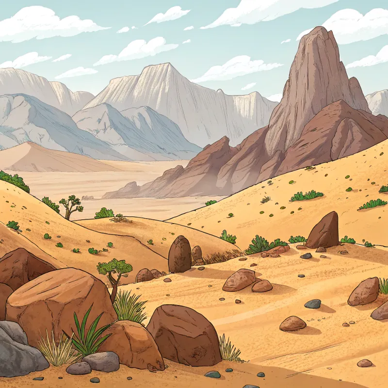Cartoon Desert Landscape with Mountains and Rocks