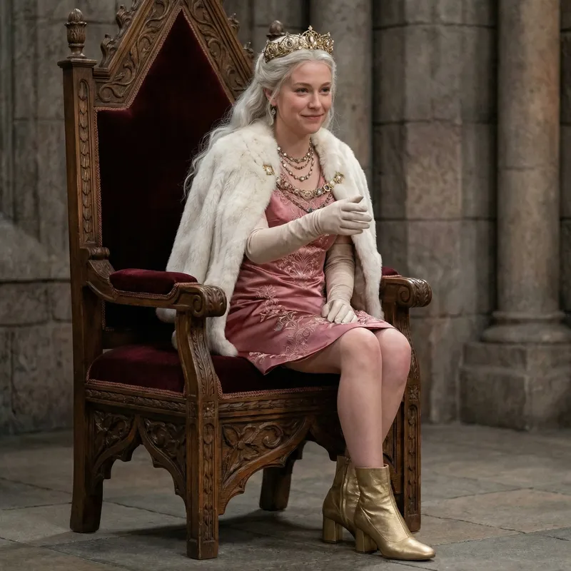 Elegant Princess on Throne in White Hair & Golden Attire