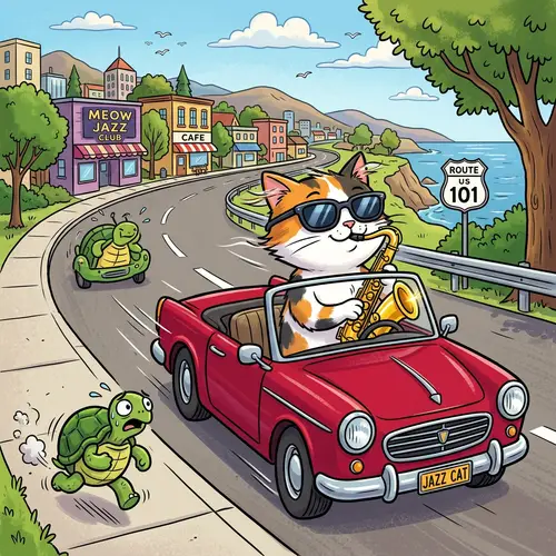 Calico Cat Playing Saxophone in Convertible