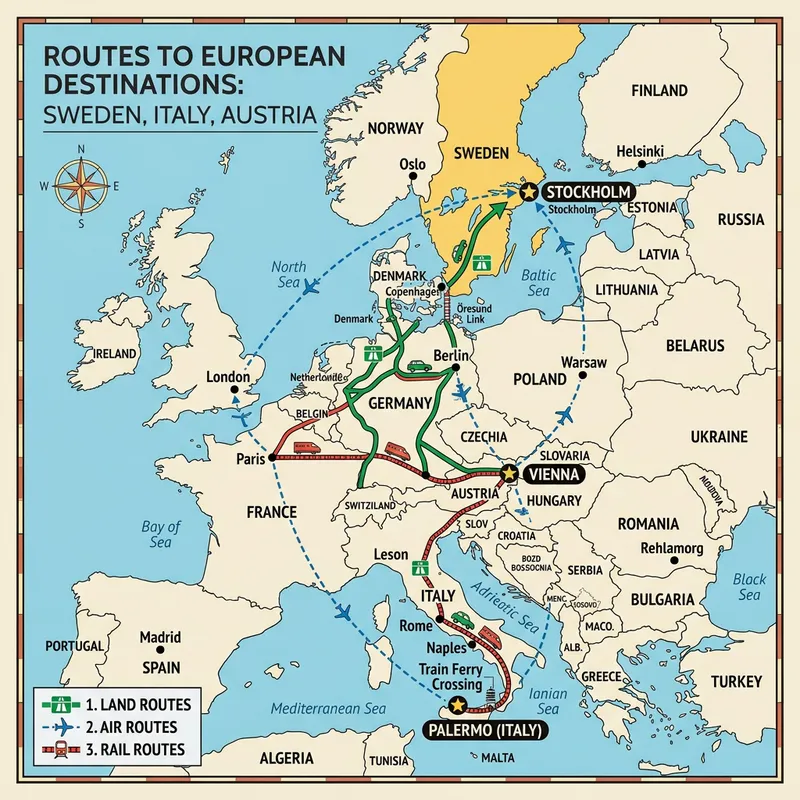 Europe Map: Stockholm, Palermo, Vienna & Routes to Sweden, Italy, Austria with Different Routes
