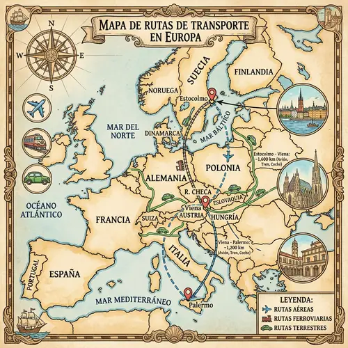 Europe Map with Spanish Labels and Transport Routes to Stockholm, Palermo, and Vienna
