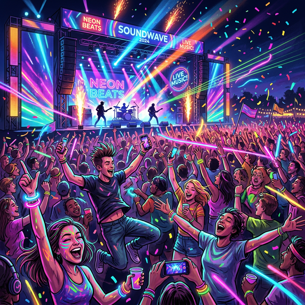 Energetic Concert Crowd at Esteréo Picnic: Dynamic Neon Lights