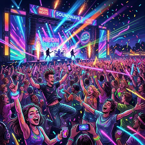 Vibrant Music Festival Crowd: Dynamic Neon Illustration