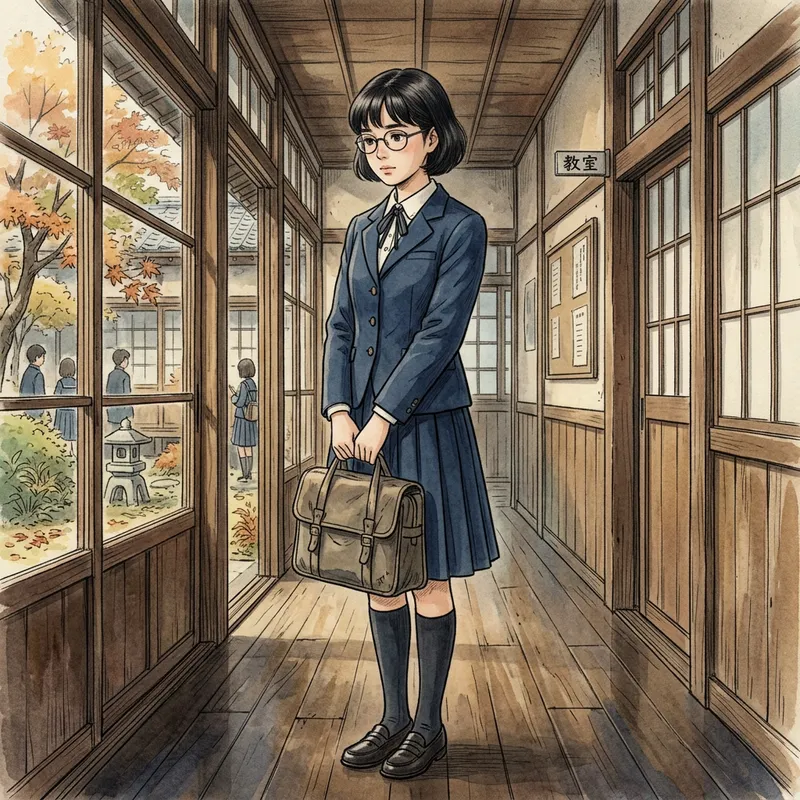 Japanese Schoolgirl with Glasses and Dark Hair in Anime Style