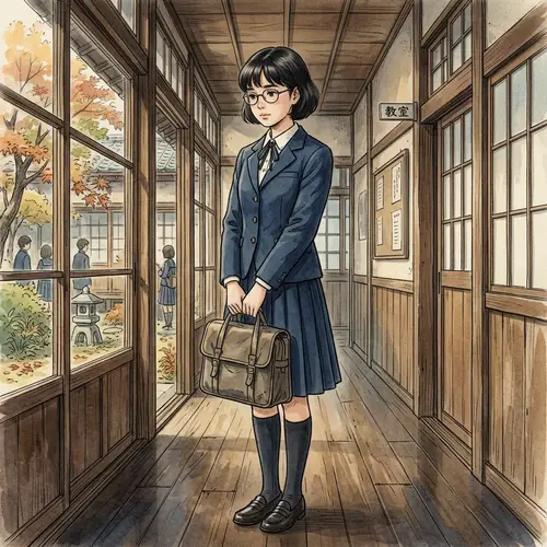 Japanese Schoolgirl Portrait in Half-Anime Style