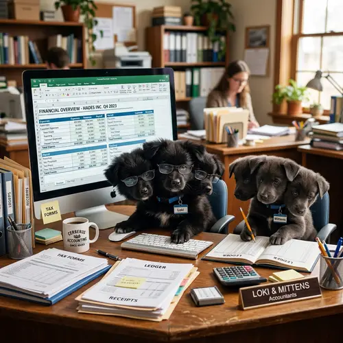 Cute Cerberus Doing Accounting Work Online