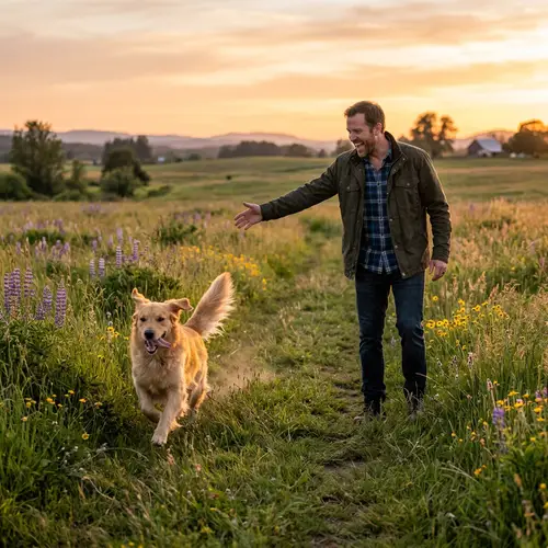 Man Calls Dog in Field: Joyful Reunion at Sunset