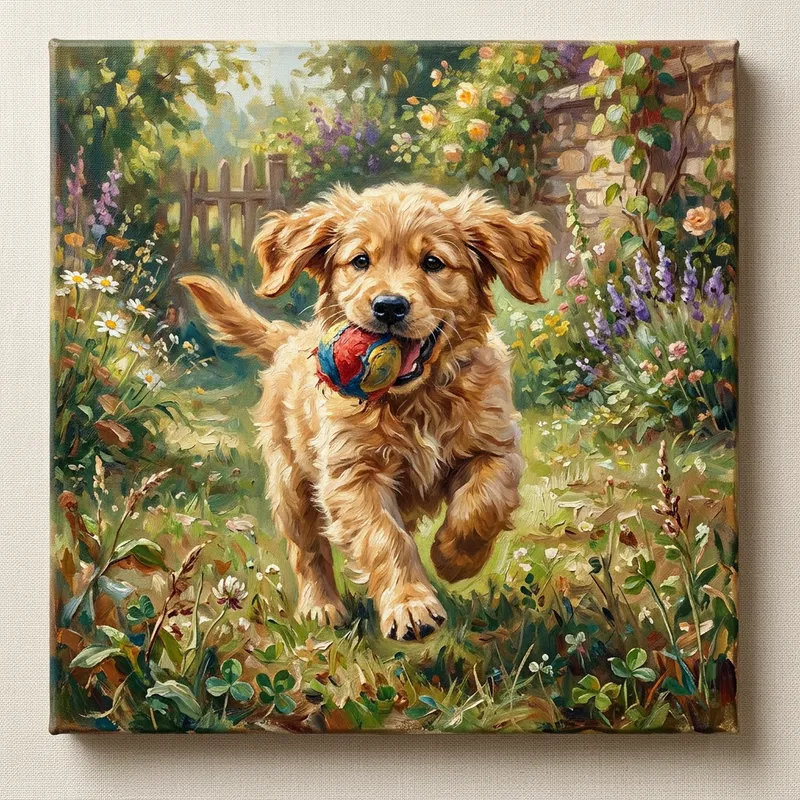 Playful Puppy Oil Painting Style - Artistic Depiction