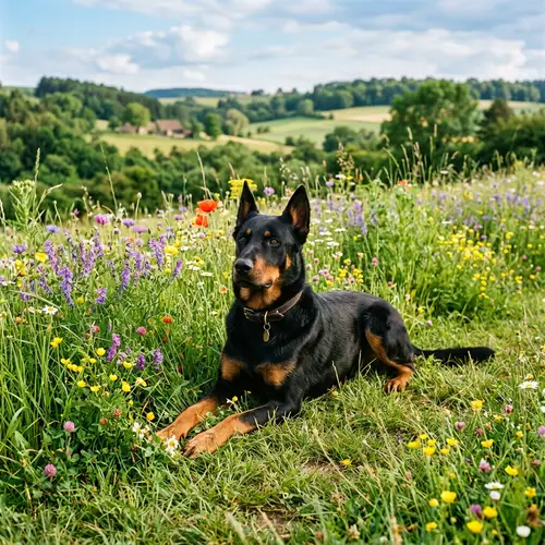 Beauceron Dog Relaxing in Greenery and Flowers
