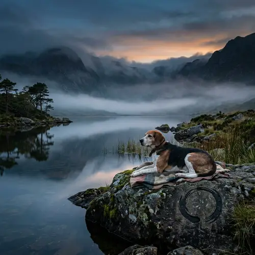 Serene Landscape with Zen Hound: Tranquil Vista at Dusk