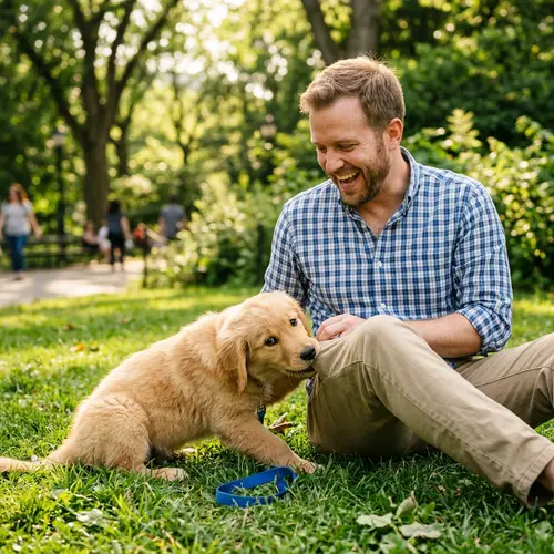 Playful Puppy Biting Pants in a Sunny Park