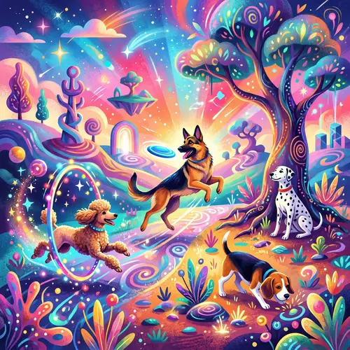 Vibrant Dogs Playground: Surreal Abstract Art