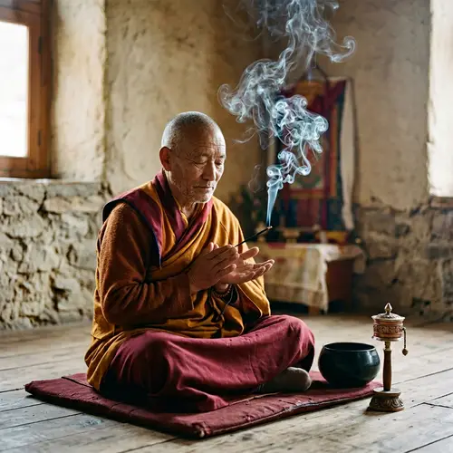 Mystical Monk Meditating with Smoking Incense Stick | Website Name