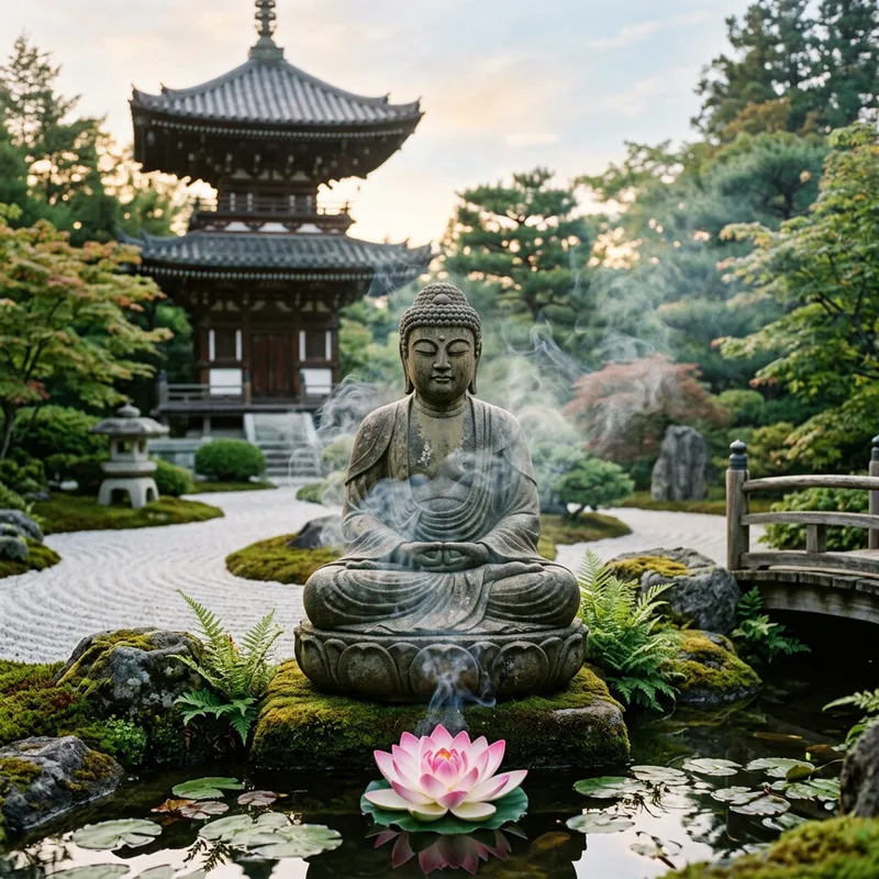 Smoking Buddha Statue: Zen Garden Tranquility