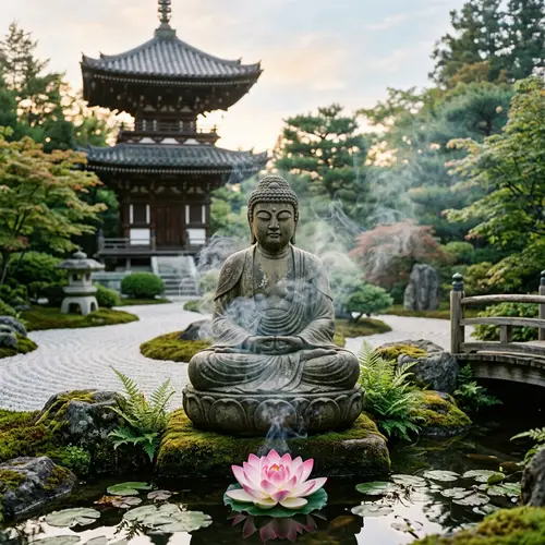 Tranquil Buddha Statue in Serene Zen Garden