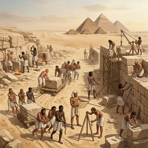 Ancient Egyptian Construction Techniques: Workers Transforming Raw Materials into Pyramids