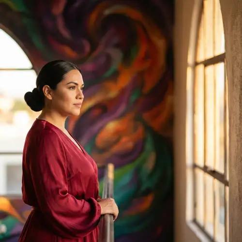 Elegant Hispanic Woman in Fashionable Dress | Confidently Standing at Sunset