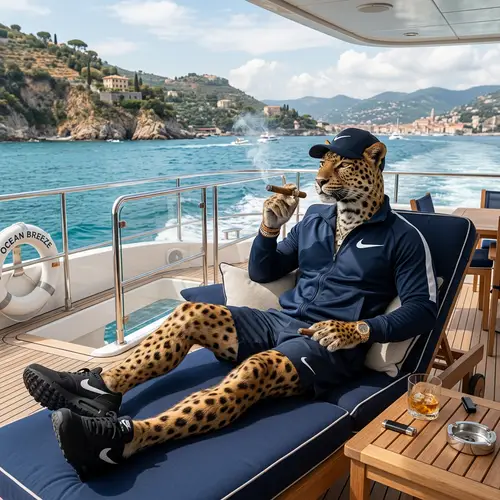 Leopard-Headed Humanoid Smoking in Yacht | Nike Attire