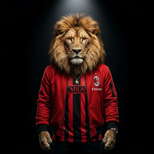 Majestic Anthropomorphic Lion in Red Jacket and AC Milan Shirt