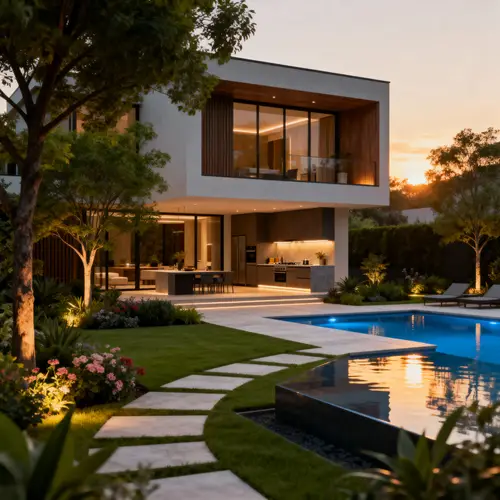 Modern 2-Storey House Plan with Lush Landscaping