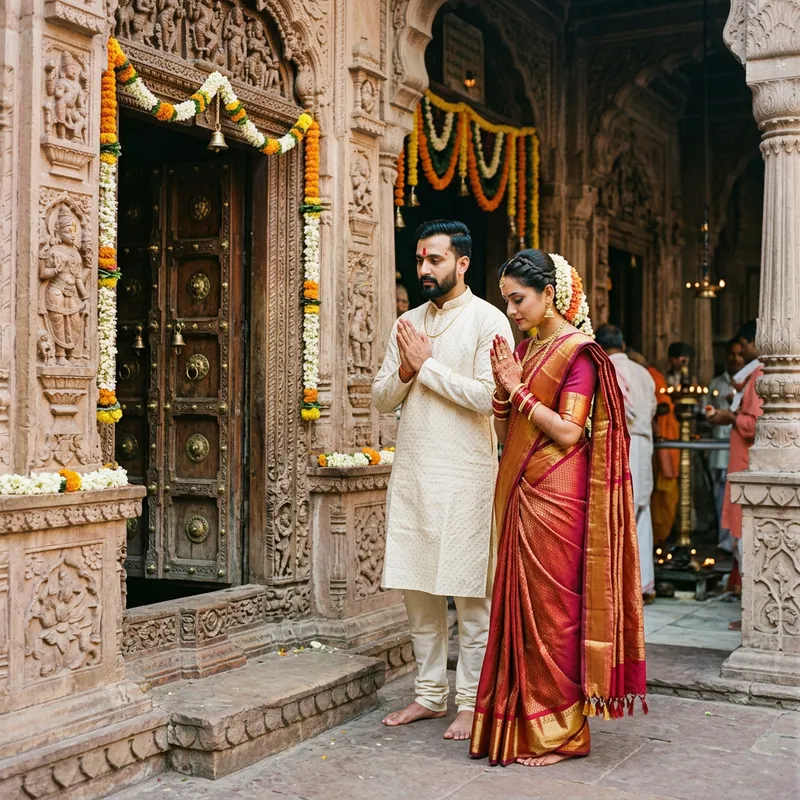 Traditional Indian Couple at Vrindavan Temple | Kurta & Saree