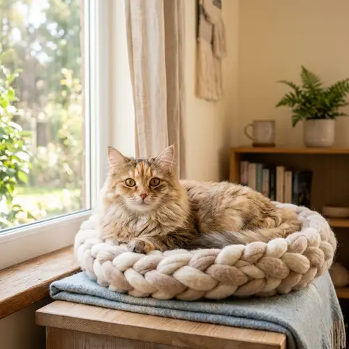 Fluffy Cat Resting with Perked Ears and Bright Eyes