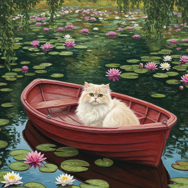 Persian Cat in a Red Boat on a Serene Lake