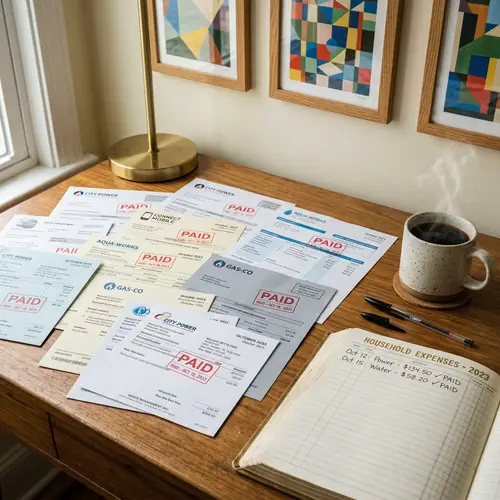 Organized and Efficient: Wooden Desk with 'Paid' Bills and Ledger Book